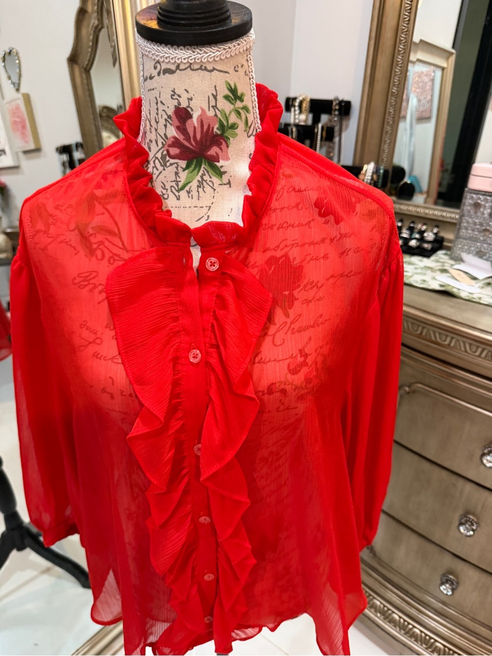 Zara Red Sheer Ruffle-Front Blouse - Picture 3 of 7